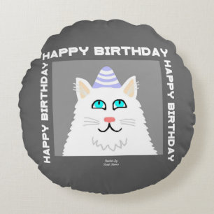 Birthday Fluffy White Cat Round Throw Pillow