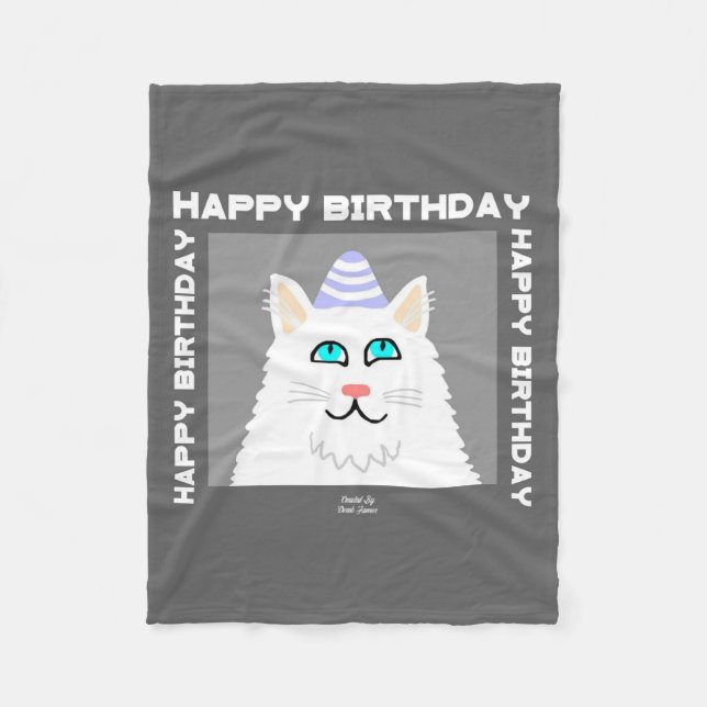 Birthday Fluffy White Cat Small Fleece Blanket (Front)