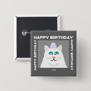 Birthday Fluffy White Cat Square Button