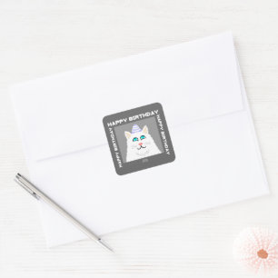 Birthday Fluffy White Cat Square Sticker