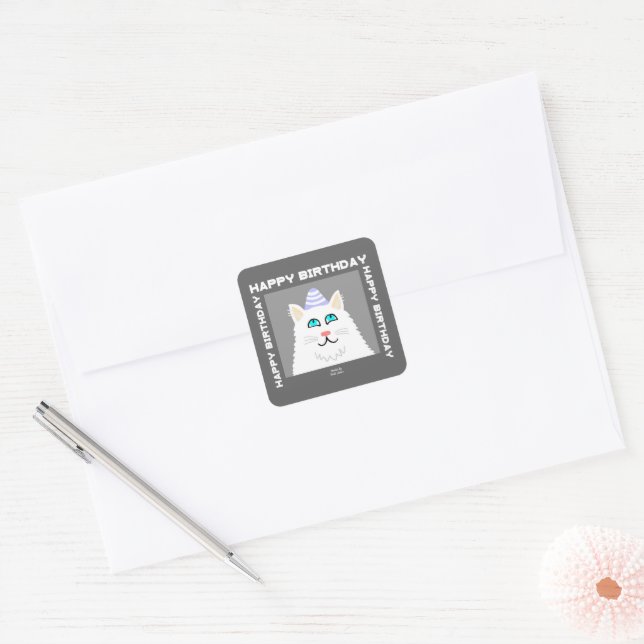 Birthday Fluffy White Cat Square Sticker (Envelope)