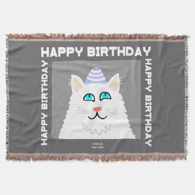 Birthday Fluffy White Cat Throw Blanket (Front)