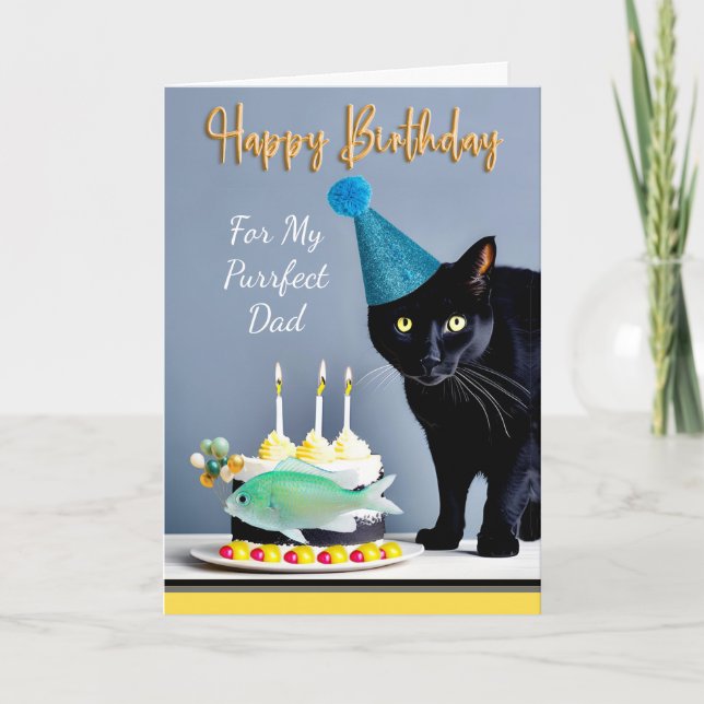 Birthday for Dad with Black Cat and Cake Card (Front)