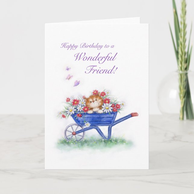Birthday for friend, cute cat with flower wheel. card (Front)