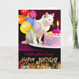 Birthday for Goddaughter with White Cat and Cake Card