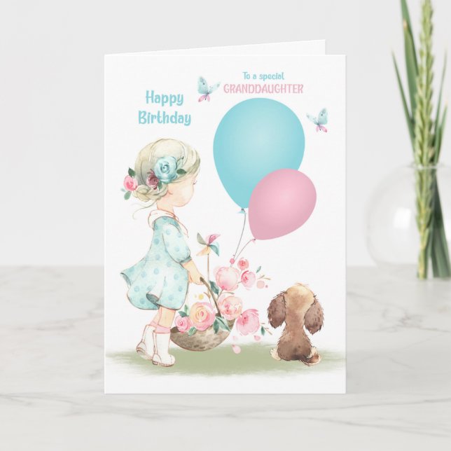 Birthday for Granddaughter Girl and Puppy Card (Front)