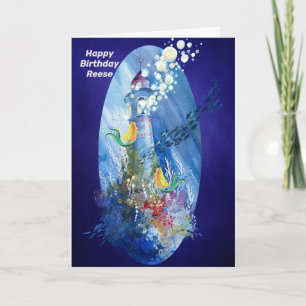 Birthday for Young Girl Lighthouse Sea & Mermaids Card