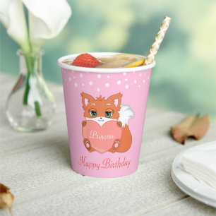 Birthday Fox and Flowers on Light Pink Paper Cups