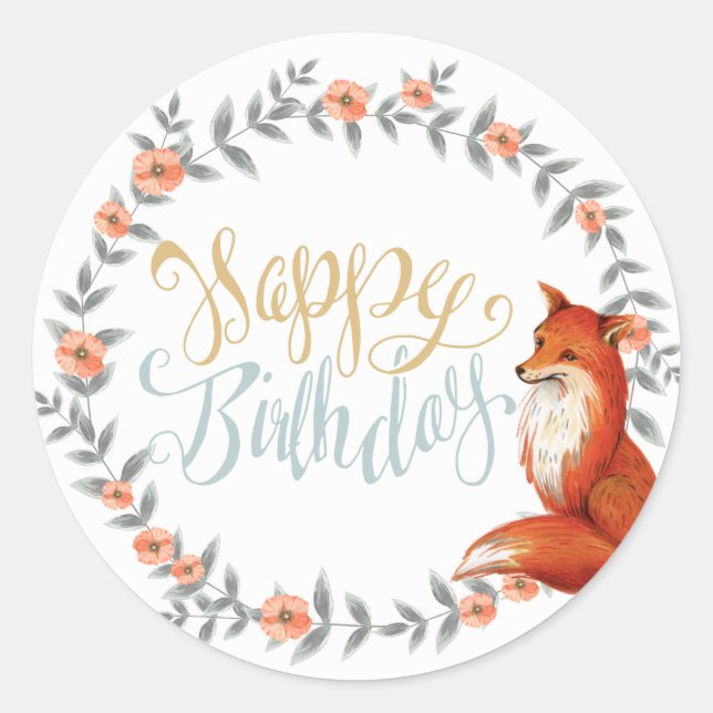 Birthday Fox Wreath Classic Round Sticker (Front)