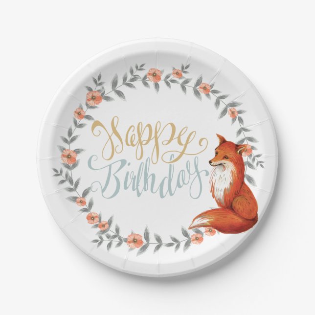 Birthday Fox Wreath Paper Plate (Front)