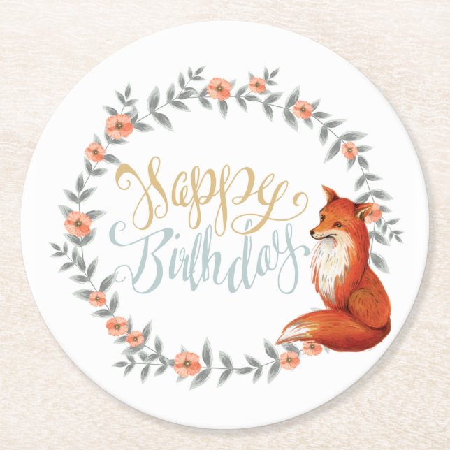 Birthday Fox Wreath Round Paper Coaster (Front)
