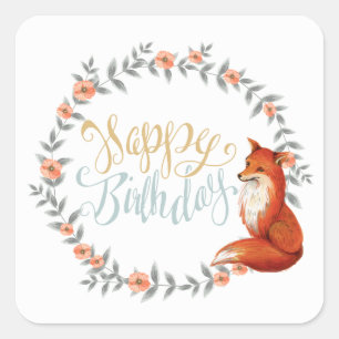 Birthday Fox Wreath Square Sticker