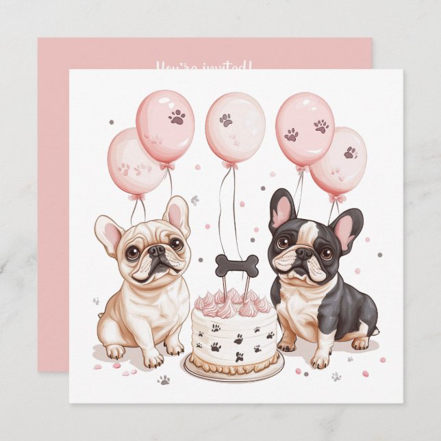 Birthday French Bulldogs Birthday Cake Invitation (Front/Back)