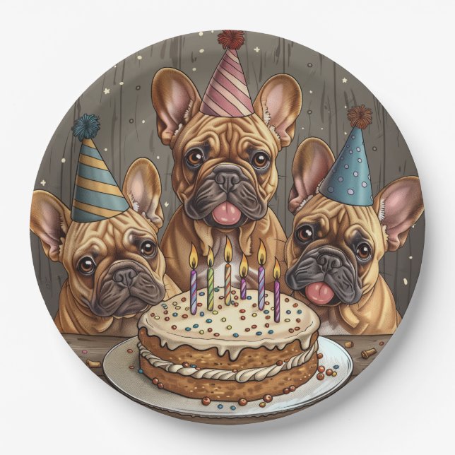 Birthday French Bulldogs Party Hats Paper Plate (Front)