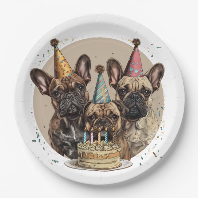 Birthday French Bulldogs Party Hats Paper Plate (Front)