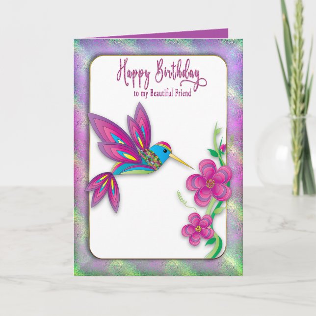 Birthday Friend Abstract Colourful Hummingbird Card (Front)
