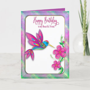 Birthday Friend Abstract Colourful Hummingbird Card