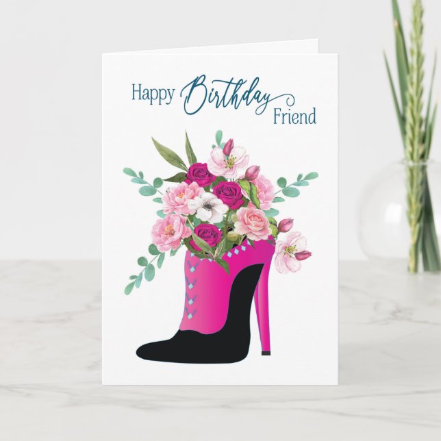 Birthday friend Beautiful Flowers High Heel Shoe Card (Front)