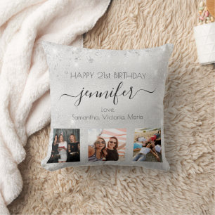 Birthday friend silver glitter photo cushion