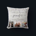 Birthday friend silver photo collage name script  cushion<br><div class="desc">A gift from friends for a woman's 21st birthday, celebrating her life with 3 of your photos of her, her friends, family, interest or pets. Personalise and add her name, age 21 and your names. Black coloured letters. A chic faux silver metallic looking background colour. Her name is written with...</div>