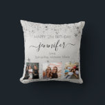 Birthday friend silver photo collage name script  cushion<br><div class="desc">A gift from friends for a woman's 21st birthday, celebrating her life with 3 of your photos of her, her friends, family, interest or pets. Personalise and add her name, age 21 and your names. Black coloured letters. A chic faux silver metallic looking background colour. Her name is written with...</div>