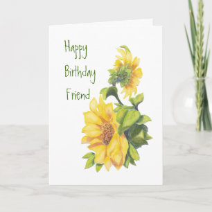 Birthday Friend Watercolor Sunflowers, Floral Card