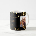 Birthday friends black gold photo names coffee mug<br><div class="desc">A gift from friends for a woman's 21st (or any age) birthday. Personalise and 2 of your own photos, her name, age 21 and your names. Golden text. A chic, classic black background colour. Her name is written with a modern hand lettered style script with swashes. Decorated with faux gold...</div>