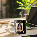 Birthday friends black gold photo names coffee mug<br><div class="desc">A gift from friends for a woman's 21st (or any age) birthday. Personalise and 2 of your own photos, her name, age 21 and your names. Golden text. A chic, classic black background colour. Her name is written with a modern hand lettered style script with swashes. Decorated with faux gold...</div>