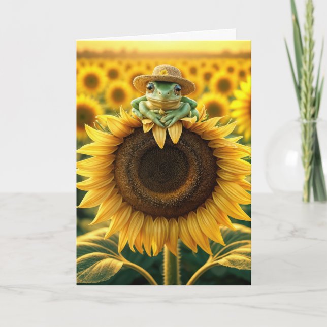 Birthday Frog On a Yellow Sunflower Card (Front)