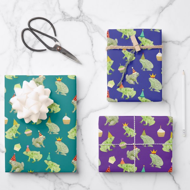 Birthday Frogs Funny Hand-Illustrated Cute Toads Wrapping Paper Sheet (Front)