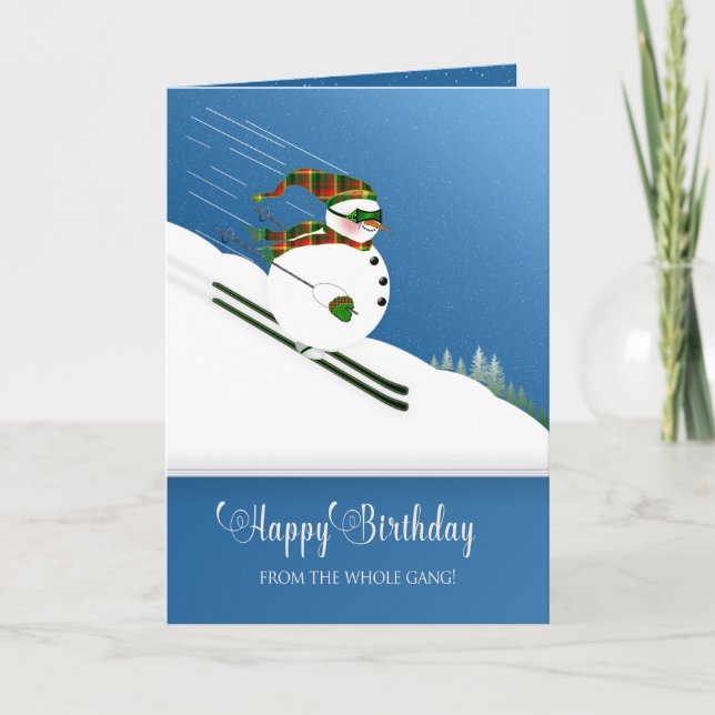 Birthday, from the Gang, Happy Snowman Skiing Card (Front)