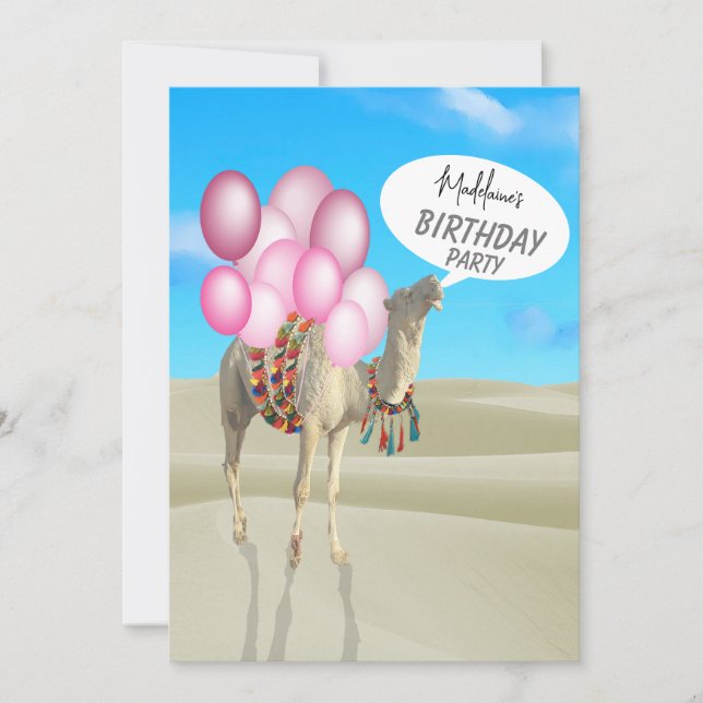 Birthday Fun Desert Camel Pink Balloons Invitation (Front)