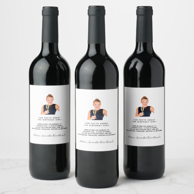 Birthday fun facts biography photo white wine label (Bottles)