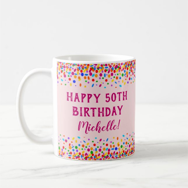 Birthday Fun Pink Colourful Confetti Coffee Mug (Left)