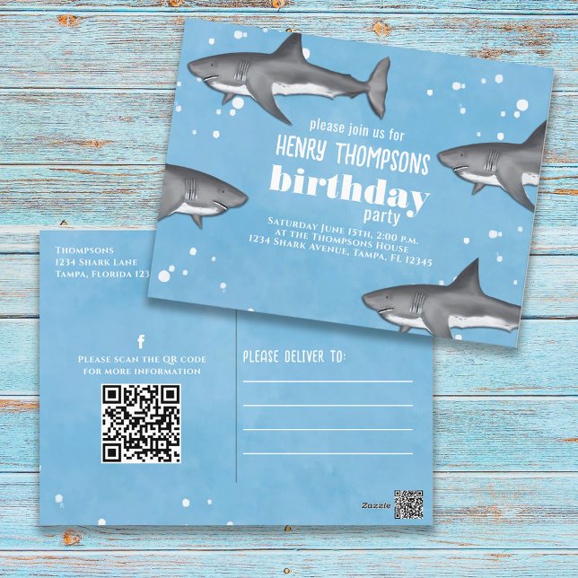 Birthday Fun Whimsical Sharks QR Code Social Media Postcard (Creator Uploaded)