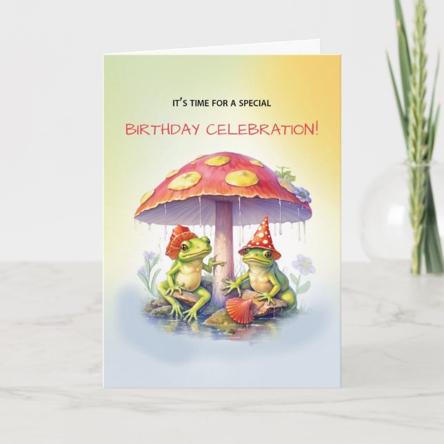 Birthday Funny Frogs Under Mushrooms Card (Front)