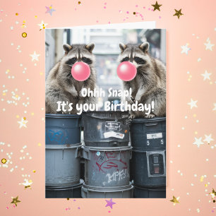 Birthday Funny Raccoons Blow Pink Bubble Cute Card