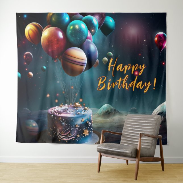 Birthday Galaxy Outer Space Cake Banner Tapestry (In Situ (Horizontal))