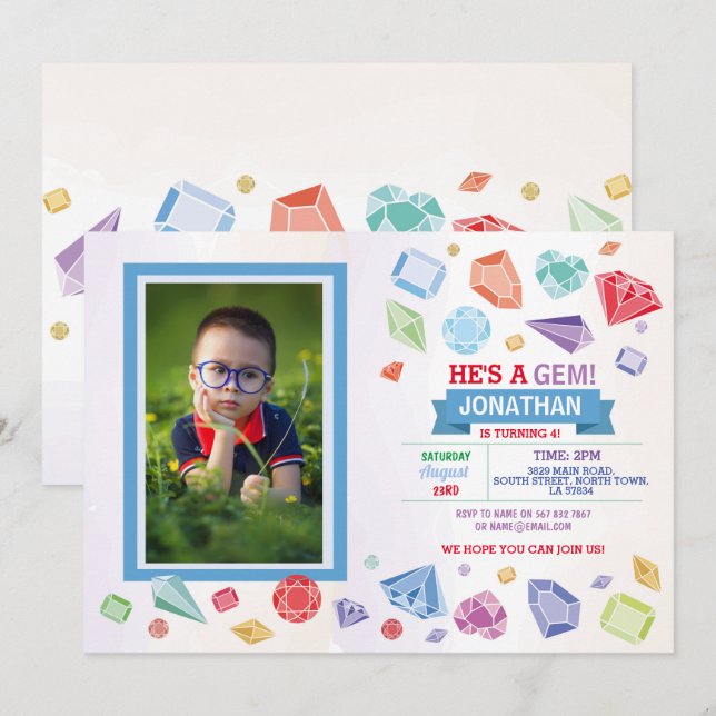 Birthday Gem Party Crystals Boy's Red Blue Photo Invitation (Front/Back)