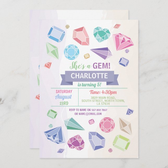 Birthday Gem Party Crystals Girl's Pastel Invitation (Front/Back)