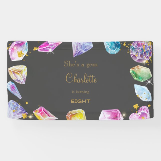 Birthday Gem Party Crystals Girl's watercolor Banner (Horizontal)