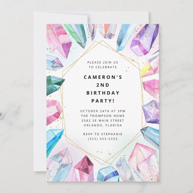 Birthday Gem Party Crystals Girl's watercolor Invi Invitation (Front)