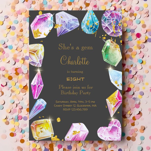Birthday Gem Party Crystals Girl's watercolor Invitation (Creator Uploaded)