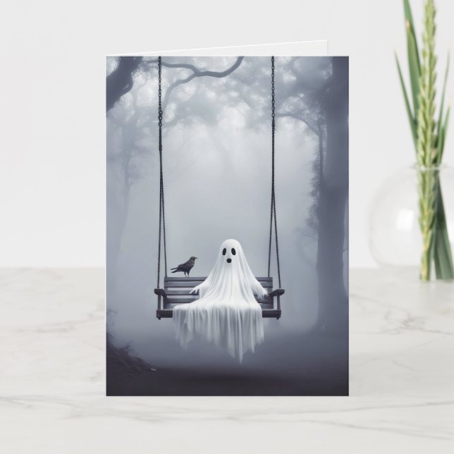 Birthday Ghost On A Swing With Raven Card (Front)