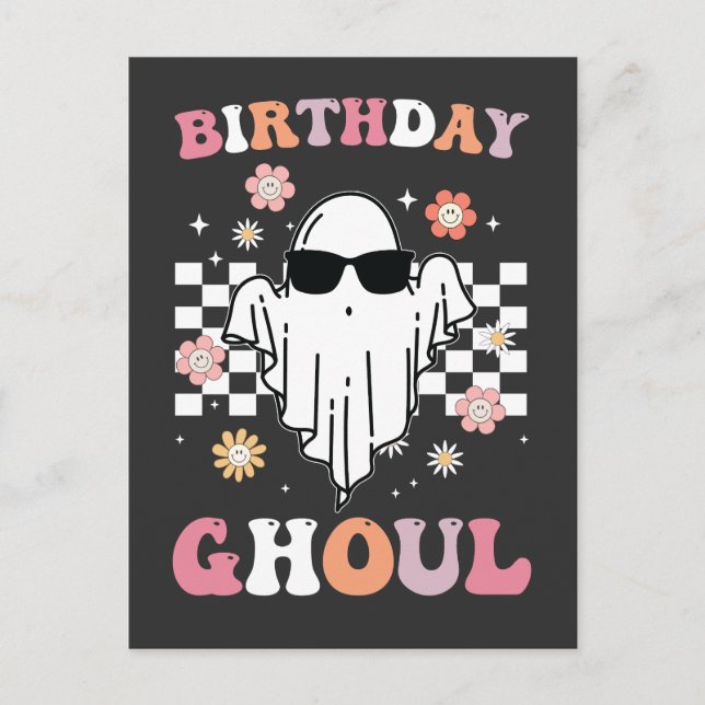 Birthday Ghoul Ghost Halloween Groovy Retro Invitation Postcard (Front)