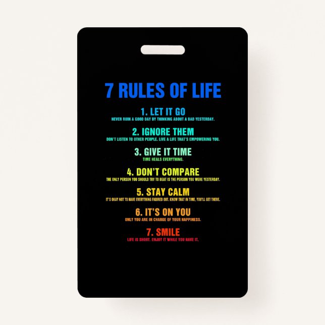 Birthday Gift 7 Rules Of Life ID Badge (Front)