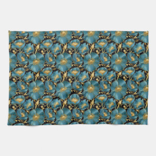 Birthday Gift Blue and Gold Floral Tea Towel