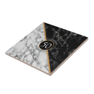 Birthday Gift Ceramic Tile Faux Black White Marble