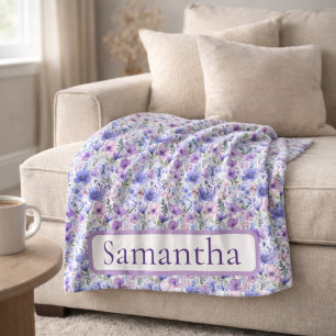 Birthday Gift Purple Floral Personalised Name Fleece Blanket