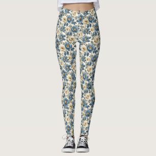 Birthday Gift Seamless Blue and White Floral Leggings